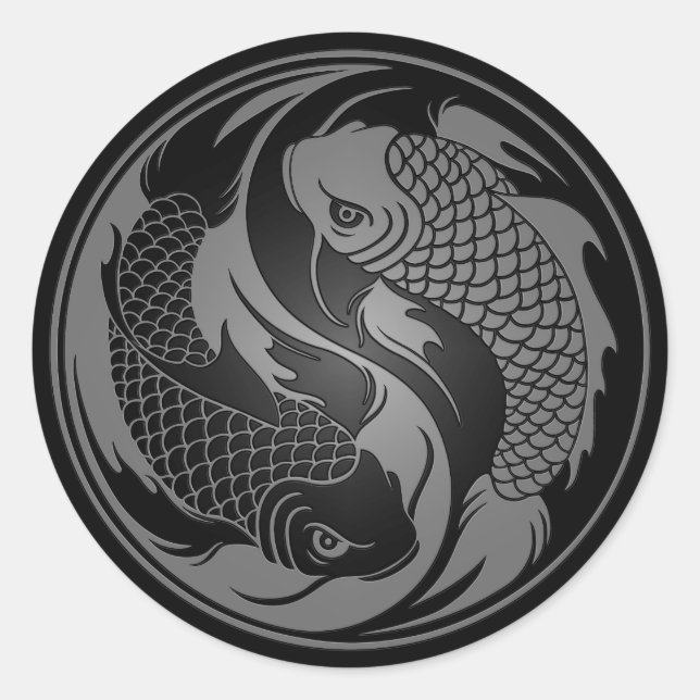 Grey and Black Yin Yang Koi Fish Classic Round Sticker (Front)
