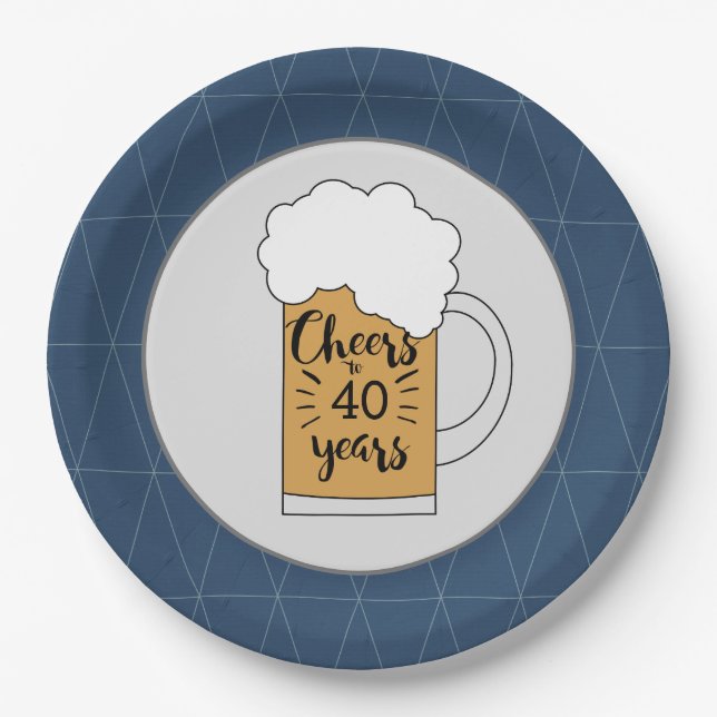 Grey and Blue Beer Mug Cheers to 40 Years Paper Plate (Front)