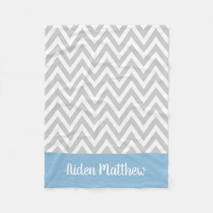 Grey and Blue Chevron Baby Name Monogrammed Fleece Blanket