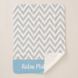 Grey and Blue Chevron Baby Name Monogrammed Sherpa Blanket<br><div class="desc">Unique monogrammed baby blankets personalized with your baby boy's name in a modern script font. This trendy design has a zigzag chevron pattern and contrasting colour block monogram. Use the design tools to edit the background colours to match any nursery theme. Change the monogram fonts and colours or add your...</div>