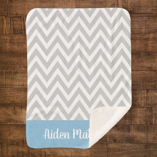 Grey and Blue Chevron Baby Name Monogrammed Sherpa Blanket