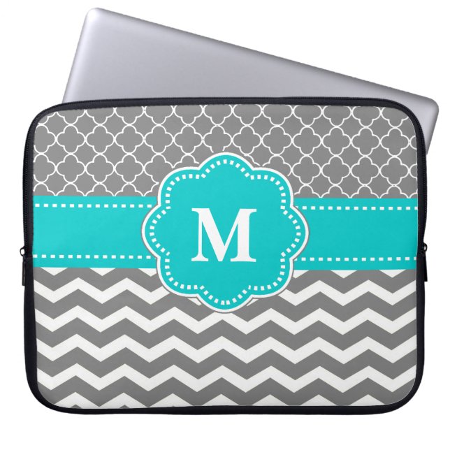 Grey and Blue Chevron Monogram Laptop Sleeve (Front)