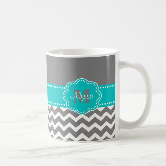 Grey and Blue Chevron Personalized Mug (Right)