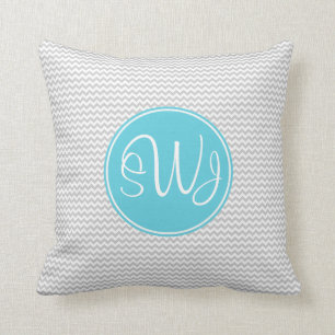 Grey and Blue Chevron Throw Pillow