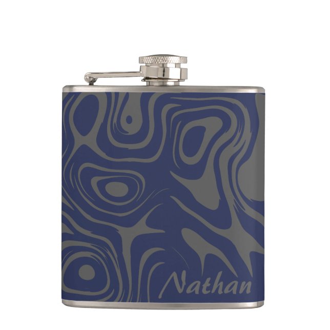 Grey and Blue Cool Abstract Pattern Personalised Hip Flask (Front)