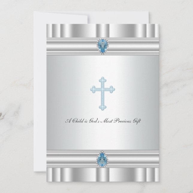 Grey and Blue Cross Boys Christening Invitation (Front)