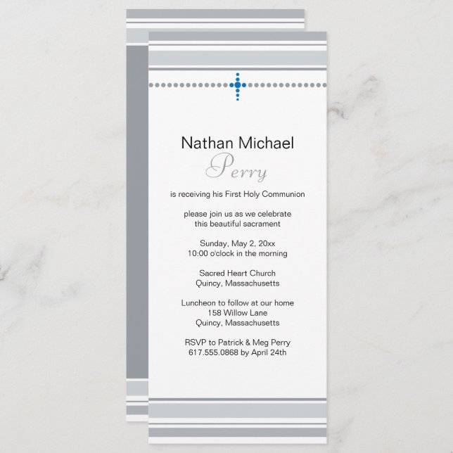 Grey and Blue Cross First Communion Invitation (Front/Back)