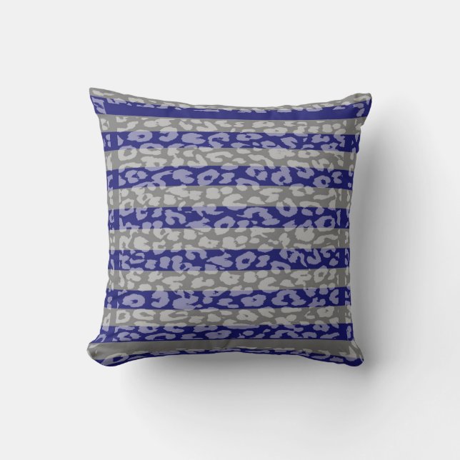 Grey and Blue Leopard Print Stripe Pattern Throw Pillow (Front)