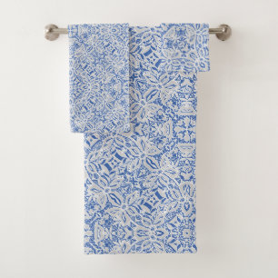 Grey and blue openwork lace pattern vintage bath towel set
