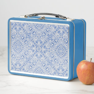 Grey and blue openwork lace pattern vintage metal lunch box