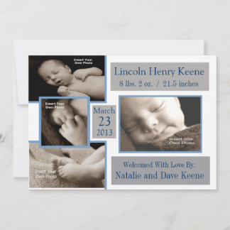 Grey and Blue Photo Birth Announcement 5x7 Card
