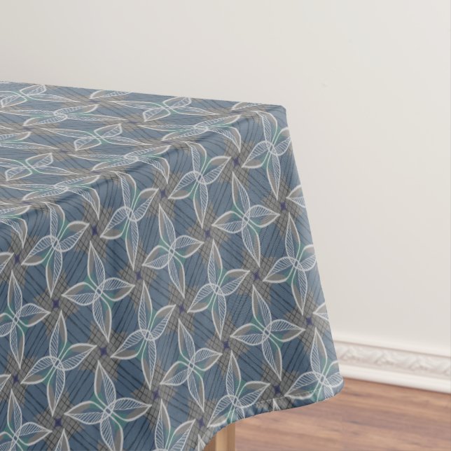 Grey and Blue Plant Leafy Pattern Cool Nature Art Tablecloth (In Situ)