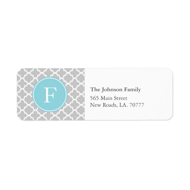 Grey and Blue Quatrefoil Monogram Address Labels (Front)