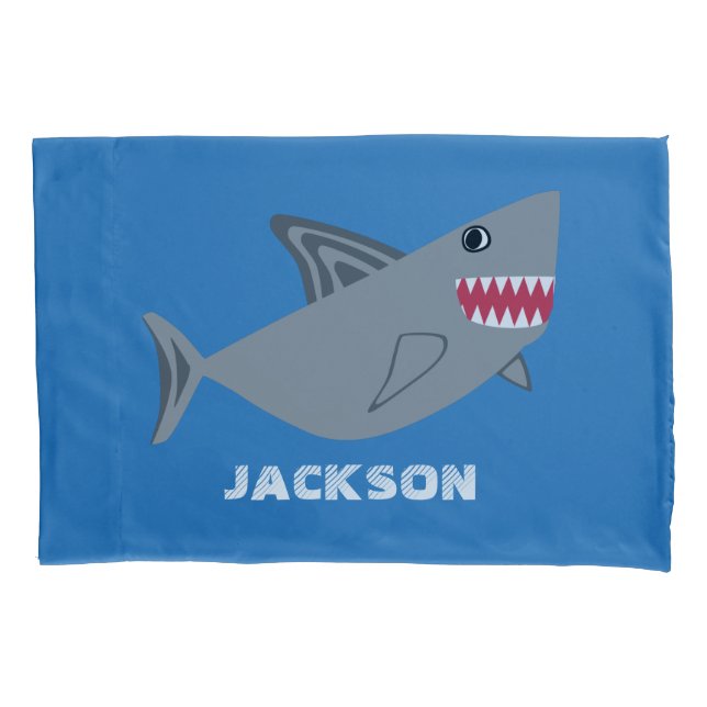 Grey and Blue Shark Kids Personalized Fish Pillowcase (Front)