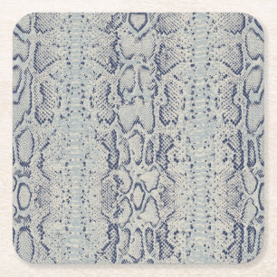 Grey and Blue Snake Skin Animal Print Square Paper Coaster