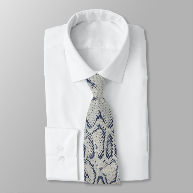 Grey and Blue Snake Skin Animal Print Tie (Tied)