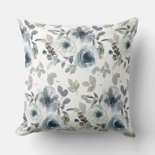 Grey and Blue Watercolor Flowers Throw Pillow
