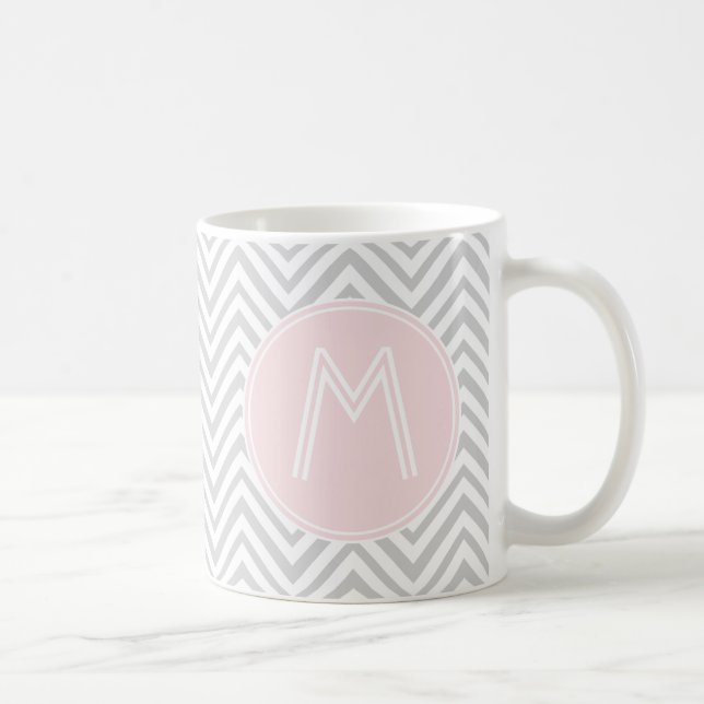 Grey and Blush Chevron Pattern Monogram Mug (Right)