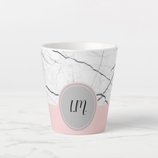 Grey and Blush White Marble Personalized Latte Mug (Front)