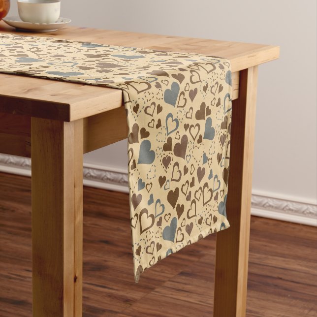 Grey and Brown Hearts Pattern Short Table Runner (In Situ)