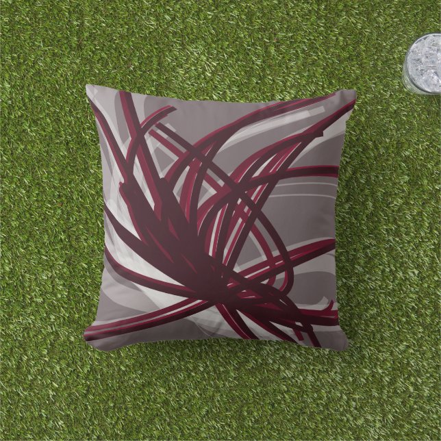 Grey and Burgundy Artistic Abstract Ribbons Outdoor Pillow (Grass)