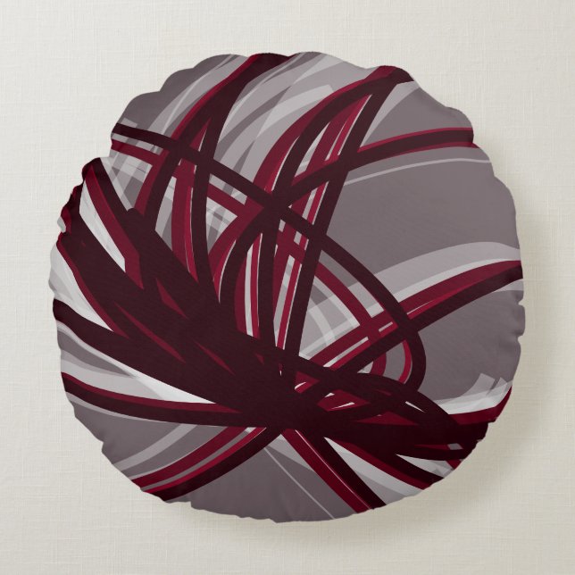 Grey and Burgundy Artistic Abstract Ribbons Round Pillow (Front)