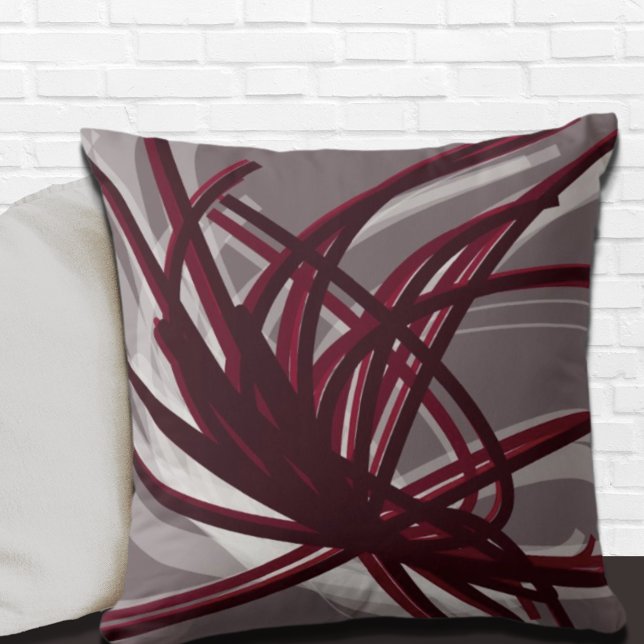 Grey and Burgundy Artistic Abstract Ribbons Throw Pillow (Creator Uploaded)