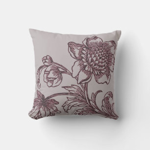 Grey and Burgundy Botanical   Flowers in Bloom Throw Pillow