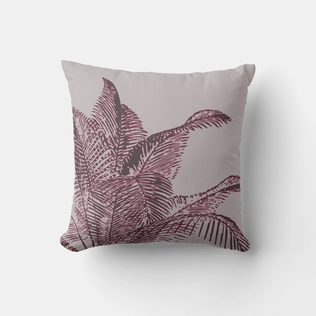 Grey and Burgundy Botanical | Palm Throw Pillow (Front)
