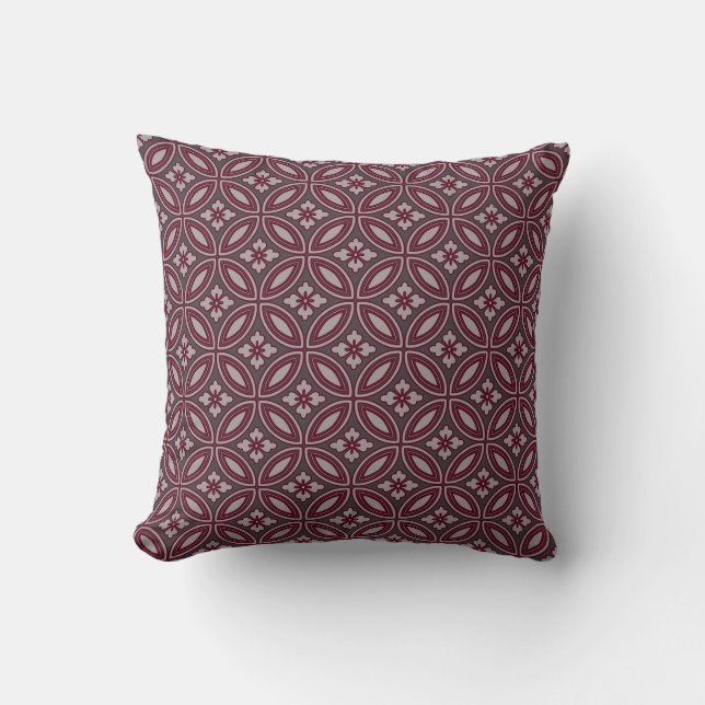 Grey and Burgundy Elegant Floral Tile Pattern Throw Pillow (Front)