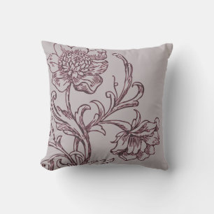 Grey and Burgundy Wine Modern Elegant Floral Throw Pillow