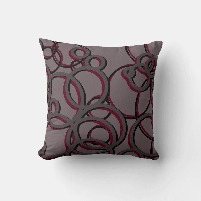 Grey and Burgundy Wine Modern Geometric Circles Throw Pillow (Front)