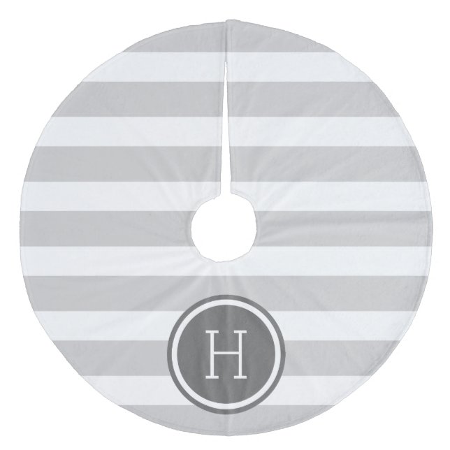 Grey and Charcoal Preppy Stripes Monogram Fleece Tree Skirt (Front)