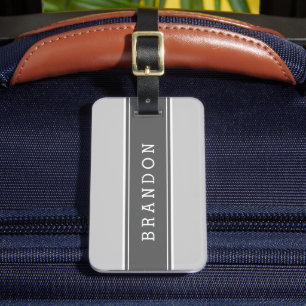 Grey and Charcoal Rugby Stripe Custom Monogram Luggage Tag