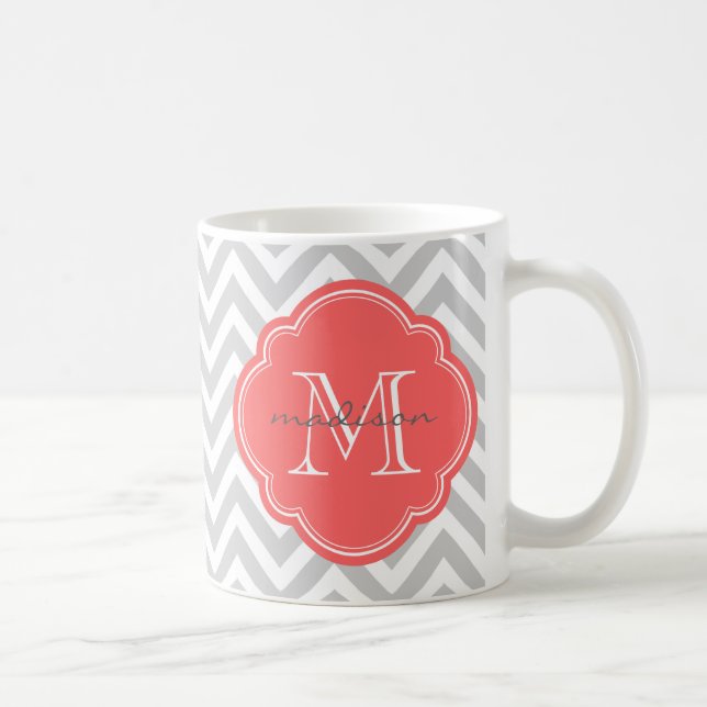 Grey and Coral Chevron Custom Monogram Coffee Mug (Right)