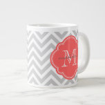 Grey and Coral Chevron Custom Monogram Large Coffee Mug<br><div class="desc">Cute girly preppy chic zigzag chevron pattern with custom monogram name and initial in a quatrefoil frame. Adorable and unique personalized gifts! Click Customize It to change monogram fonts and colours for a unique one of a kind design.</div>