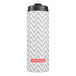 Grey and Coral Chevron Monogram Thermal Tumbler