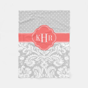 Grey and Coral Damask Polka Dots Monogram Fleece Blanket