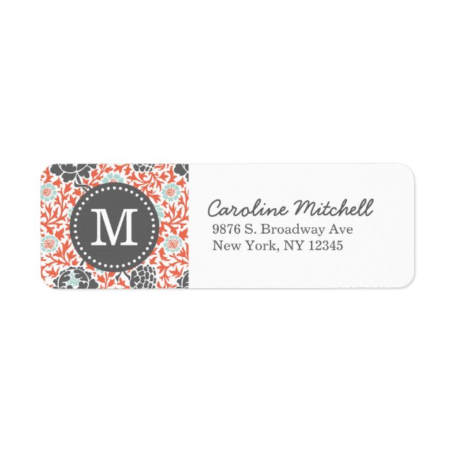 Grey and Coral Floral Damask Adresse de retour (Devant)