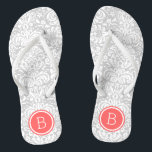 Grey and Coral Floral Damask Monogram Flip Flops<br><div class="desc">Custom printed flip flop sandals with a stylish elegant floral damask pattern and your custom monogram or other text in a circle frame. Click Customize It to change text fonts and colours or add your own images to create a unique one of a kind design!</div>