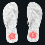 Grey and Coral Greek Key Monogram Flip Flops<br><div class="desc">Custom printed flip flop sandals with a stylish modern Greek key pattern and your custom monogram or other text in a circle frame. Click Customize It to change text fonts and colours or add your own images to create a unique one of a kind design!</div>
