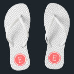 Grey and Coral Greek Key Monogram Flip Flops<br><div class="desc">Custom printed flip flop sandals with a stylish modern Greek key pattern and your custom monogram or other text in a circle frame. Click Customize It to change text fonts and colours or add your own images to create a unique one of a kind design!</div>