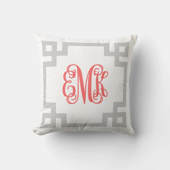 Grey and Coral Greek Key Script Monogram Throw Pillow (Front)