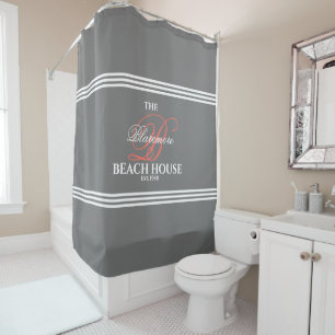 Grey and Coral Initial White Stripes Family Bath