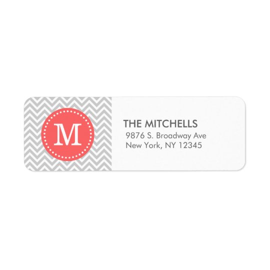 Grey and Coral Modern Chevron Custom Monogram Return Address Label