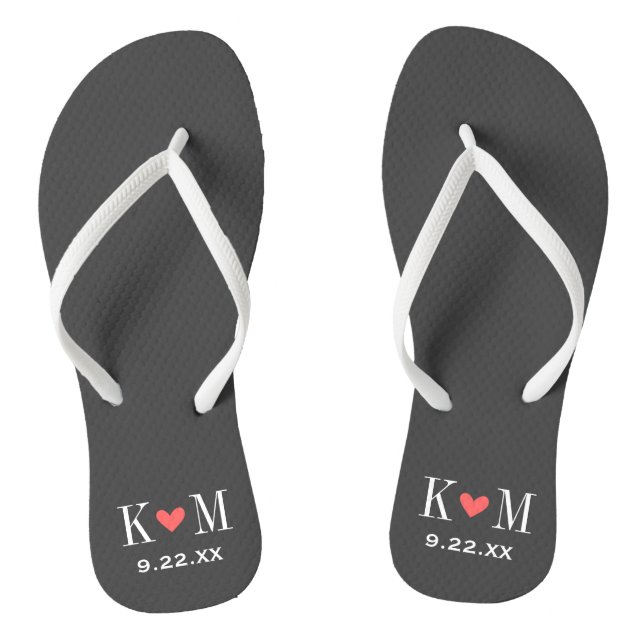 Grey and Coral Modern Wedding Monogram Flip Flops (Footbed)