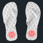 Grey and Coral Moroccan Quatrefoil Monogram Flip Flops<br><div class="desc">Custom printed flip flop sandals with a stylish Moroccan quatrefoil pattern and your custom monogram or other text in a circle frame. Click Customize It to change text fonts and colours or add your own images to create a unique one of a kind design!</div>