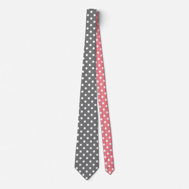 Grey and coral pink polka dots pattern neck tie (Front)