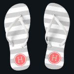 Grey and Coral Preppy Stripes Monogram Flip Flops<br><div class="desc">Custom printed flip flop sandals with a preppy nautical stripe pattern and your custom monogram or other text in a circle frame. Click Customize It to change text fonts and colours or add your own images to create a unique one of a kind design!</div>