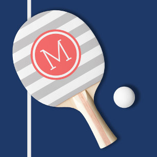 Grey and Coral Preppy Stripes Monogram Ping Pong Paddle